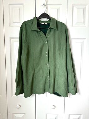 Vintage Olive Green Suede Style Button-Down Shirt